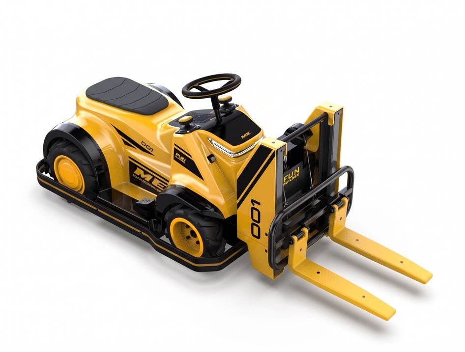 Yellow Fun Builder ride-on with forklift mast attachment
