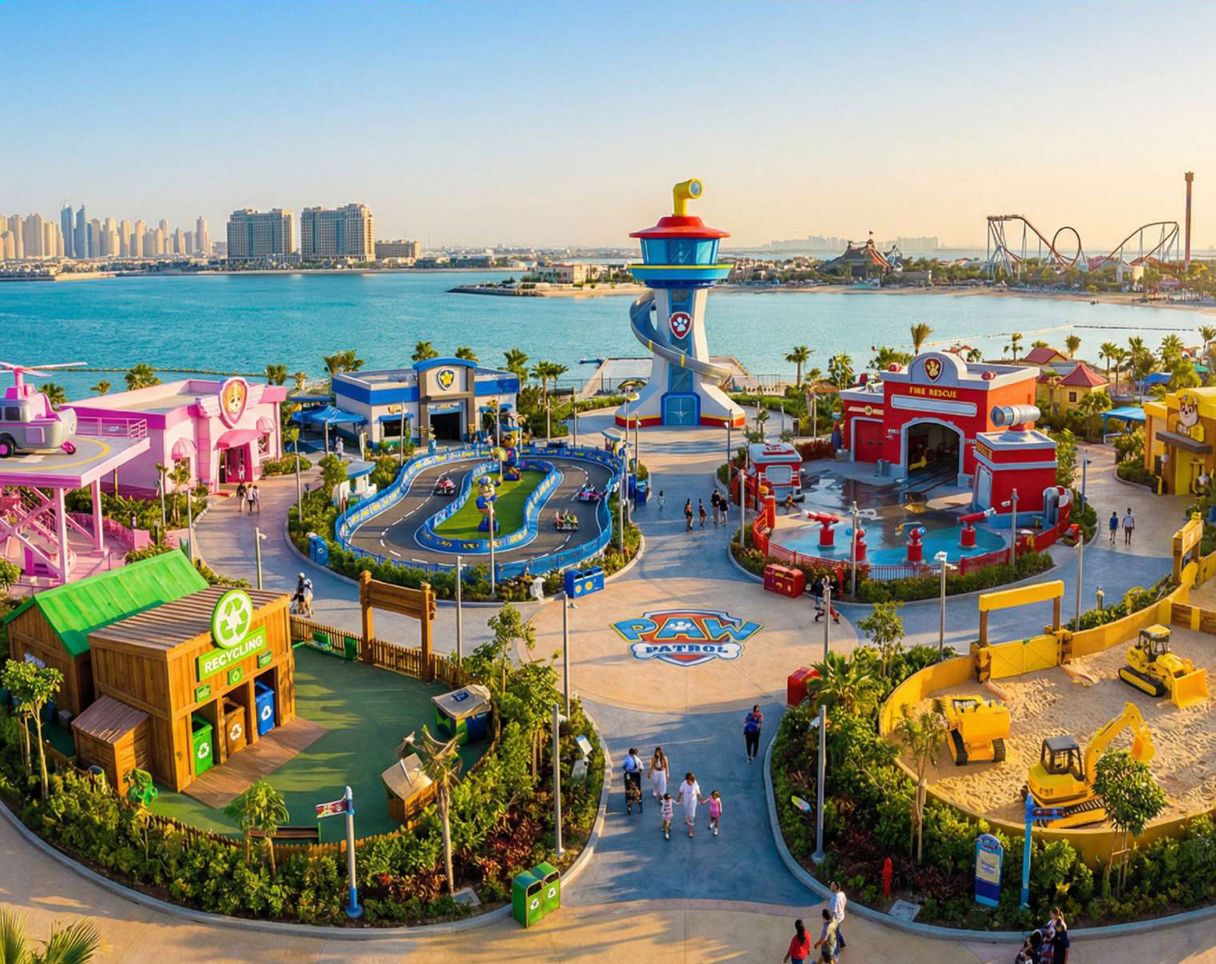 Aerial view of a themed outdoor ride-on venue with a lookout tower, ride-on circuit and character buildings beside the sea
